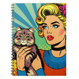 Cuaderno Arte Pop Mujeres Dibujos Animados Sosteniendo Gato
