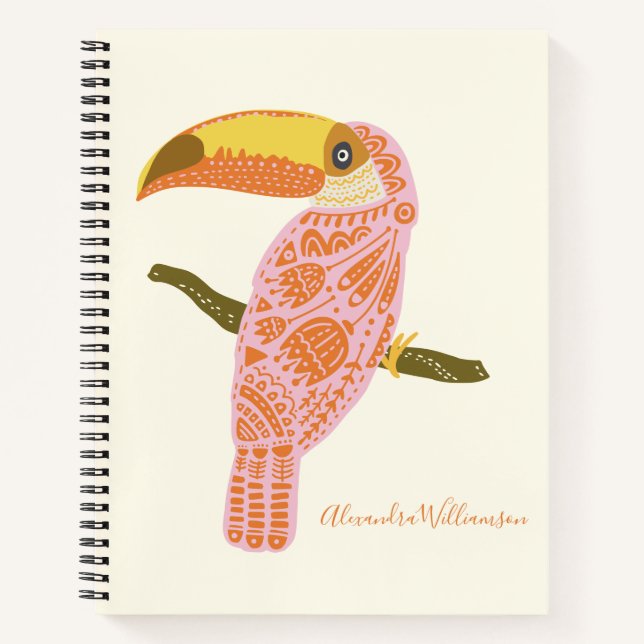 Cuaderno Arte Popular Boho Personalizado Tucán Rosa Moderno (Anverso)