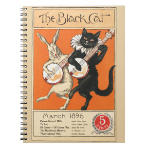 Cuaderno Arte Retro Naranja Gato Negro Conejo Blanco Banjo