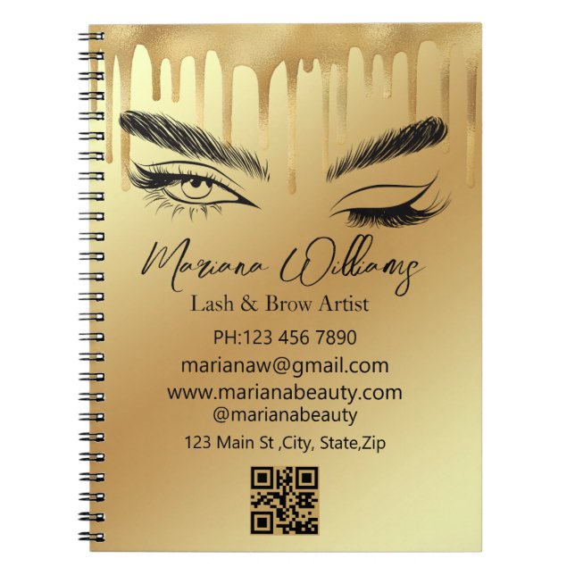 Cuaderno artista de pestañas y cejas código qr oro pequeña  (Frente)