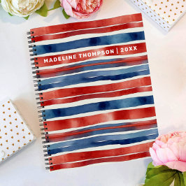 Cuaderno Artsy de moda rojo azul y blanco con rayas de acua