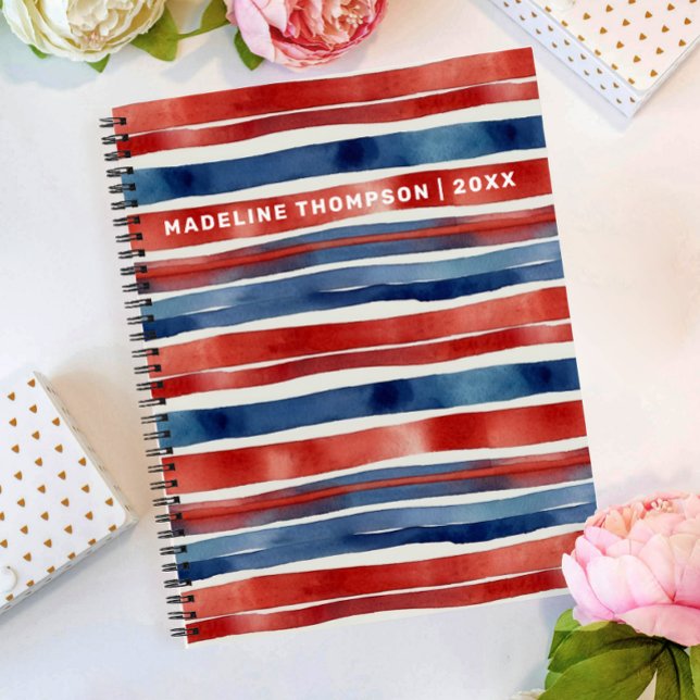 Cuaderno Artsy de moda rojo azul y blanco con rayas de acua (Subido por el creador)