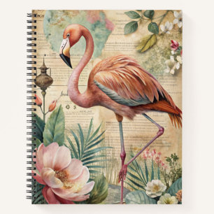 CUADERNO ASPECTO ANTIGUO VINTAGE FLAMENCO ROSA Y FLORES