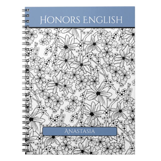 Cuaderno Asunto de la escuela Floral Black Blue Name (Frente)