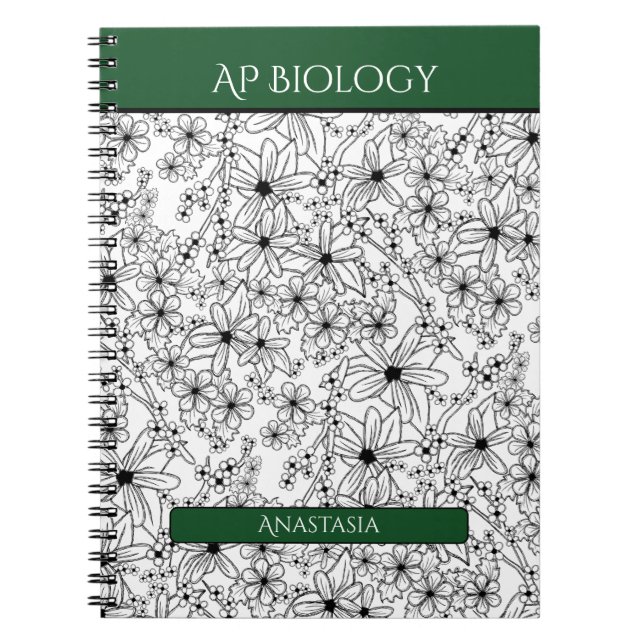 Cuaderno Asunto de la escuela Floral Black White Green Name (Frente)