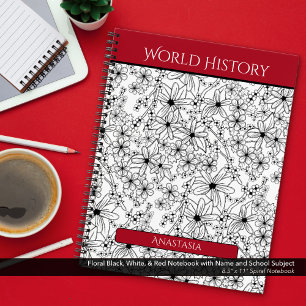 Cuaderno Asunto de la escuela Floral Black White Red Name