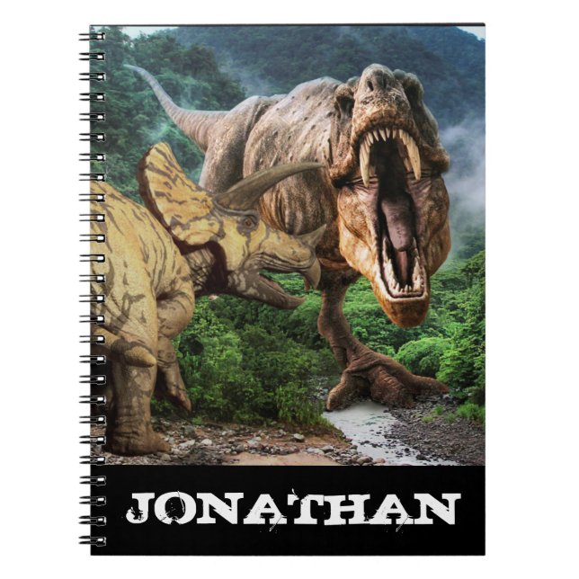 Cuaderno Ataque de tiranosaurio de dinosaurio triceratops (Frente)