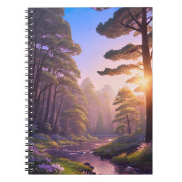 Cuaderno Atardecer en el exuberante bosque de pinos