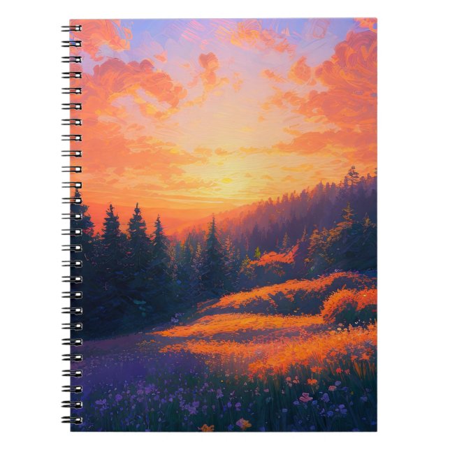 Cuaderno Atardecer naranja sobre un bosque majestuoso (Frente)