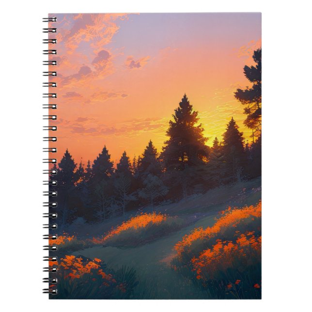 Cuaderno Atardecer sobre un bosque sereno de pinos (Frente)