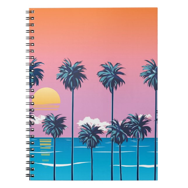 Cuaderno Atardecer tropical: Ilustracion de playa vintage (Frente)
