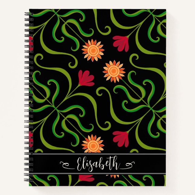Cuaderno Audaz Damask Floral Sunflower Boho Black Folk Art (Anverso)