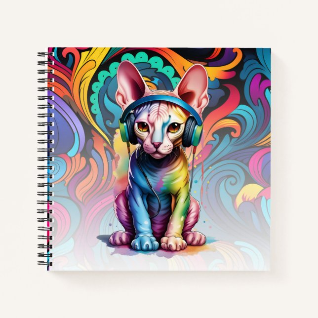 Cuaderno Auriculares Sphynx Cat Música Bloc de arco iris (Anverso)