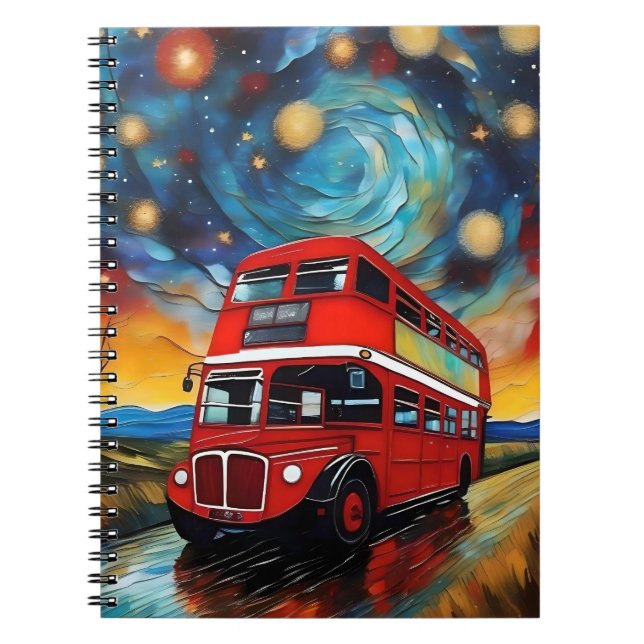 Cuaderno Autobús Rojo De Doble Decker En Una Noche Estelar, (Frente)