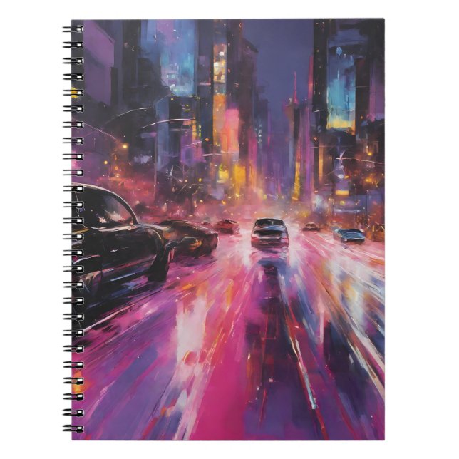Cuaderno Autopista nocturno en vibrante paisaje urbano (Frente)