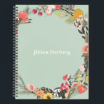 Cuaderno Autumor Floral Wreath sobre el verde sabio con nom<br><div class="desc">Otoño Floral Wreath sobre el verde sabio con el nombre del bloc de notas</div>