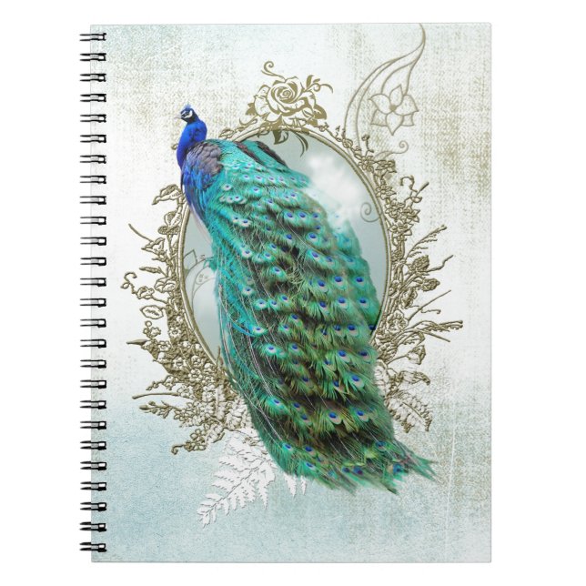 Cuaderno ave de pavo real hermosa turquesa vintage (Frente)
