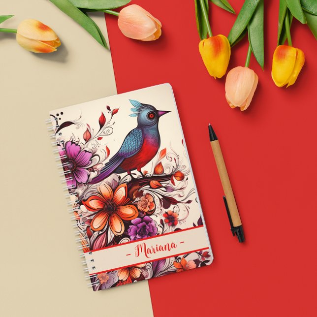 Cuaderno Ave Rojo y nombre floral personalizado Summer (Gorgeous Red bird and floral custom name Summer Notebook)