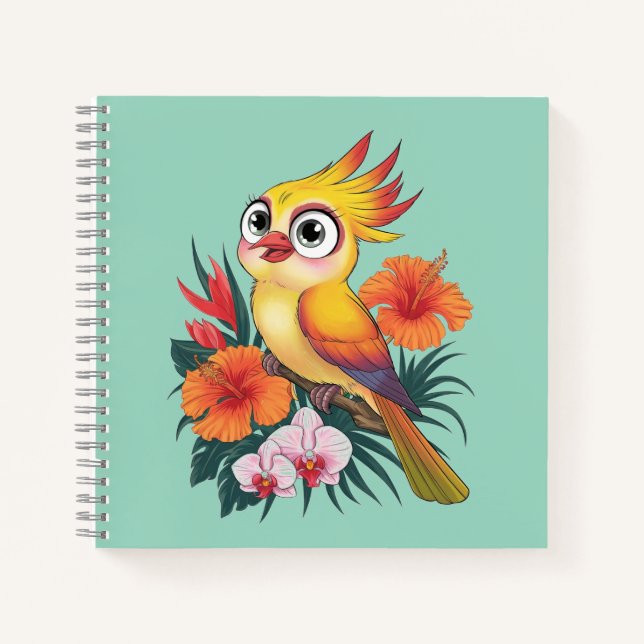 Cuaderno Aves amarillas adorables con flores (Anverso)