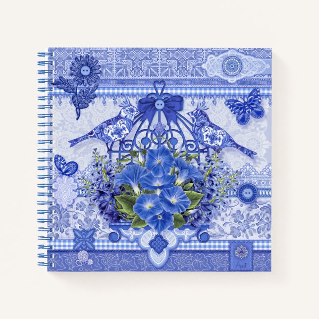 Cuaderno Aves azules de porcelana y jaula de aves (Anverso)