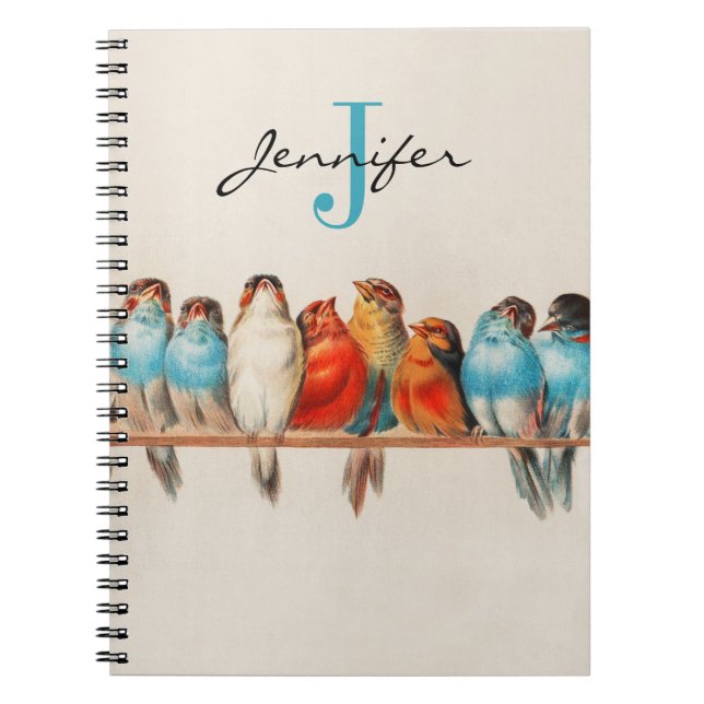 Cuaderno Aves azules y polvorientas adorables Monograma vin (Frente)