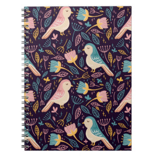 Cuaderno Aves azules y rosas con flores y hojas en Dar