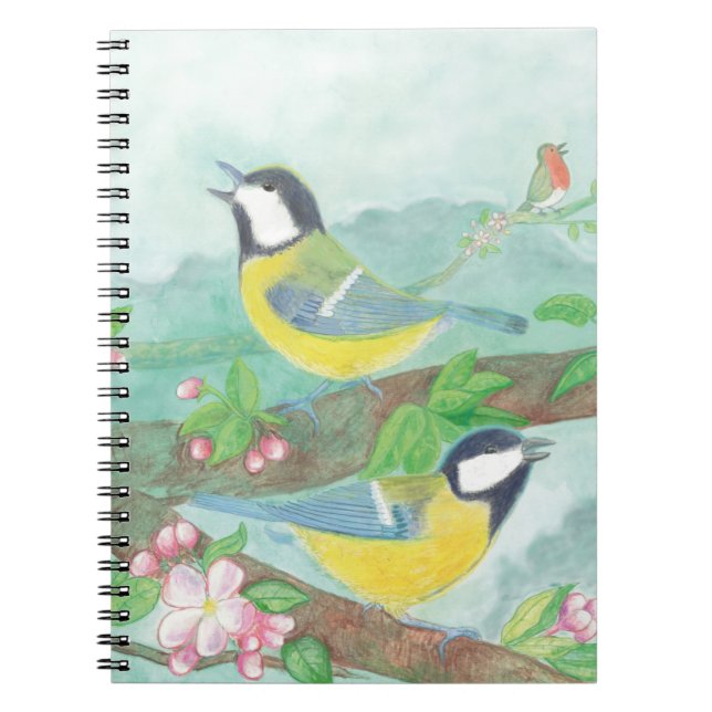 Cuaderno Aves cantando en una rama de árbol floreciente (Frente)