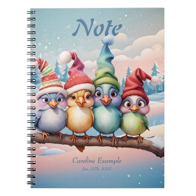 Cuaderno Aves de fantasía con Navidades gorras (Frente)