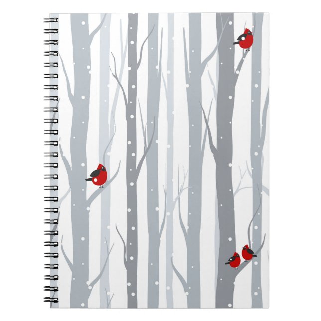 Cuaderno Aves de invierno: Árboles grises, aves rojas (Frente)
