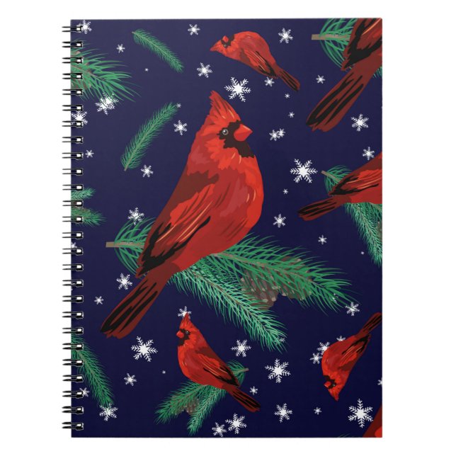 Cuaderno Aves de invierno - cardenales sobre ramas de abeto (Frente)