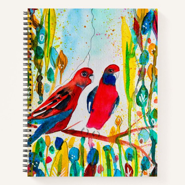 Cuaderno Aves de rosella en una acuarela arbolada (Anverso)