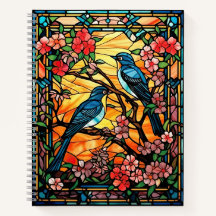 Aves de vidrio manchado coloridas en ramas de flor