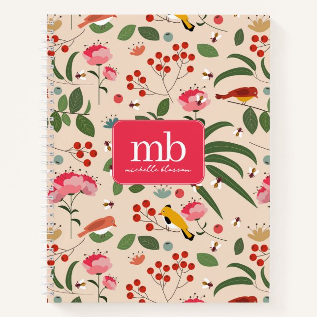 Cuaderno Aves florales de mano Abejas Monograma Botánico (Anverso)
