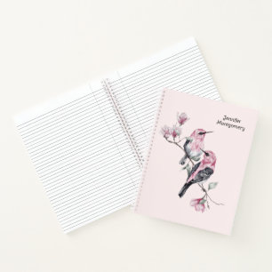 Cuaderno Aves rosadas y negras en una rama de árbol