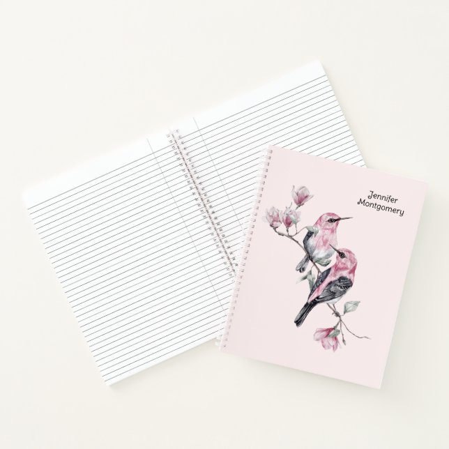Cuaderno Aves rosadas y negras en una rama de árbol (Interior)
