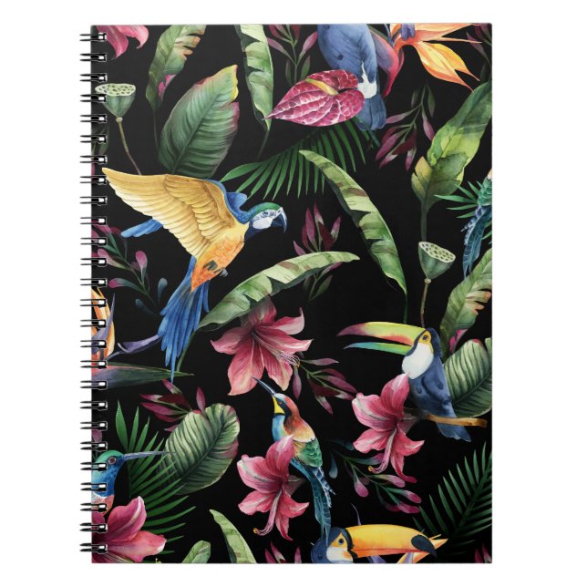Cuaderno Aves tropicales, flores: patrón de acuarela. (Frente)