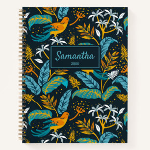 Cuaderno Aves tropicales y patrón natural, amarillo y azul