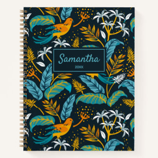 Cuaderno Aves tropicales y patrón natural, amarillo y azul