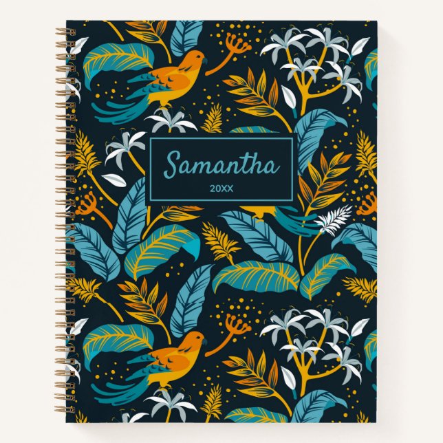 Cuaderno Aves tropicales y patrón natural, amarillo y azul (Anverso)