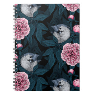 Cuaderno Aves y flores de peón rosadas con hojas