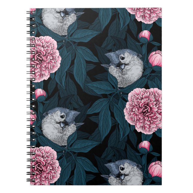 Cuaderno Aves y flores de peón rosadas con hojas (Frente)