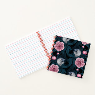 Cuaderno Aves y flores de peón rosadas con hojas