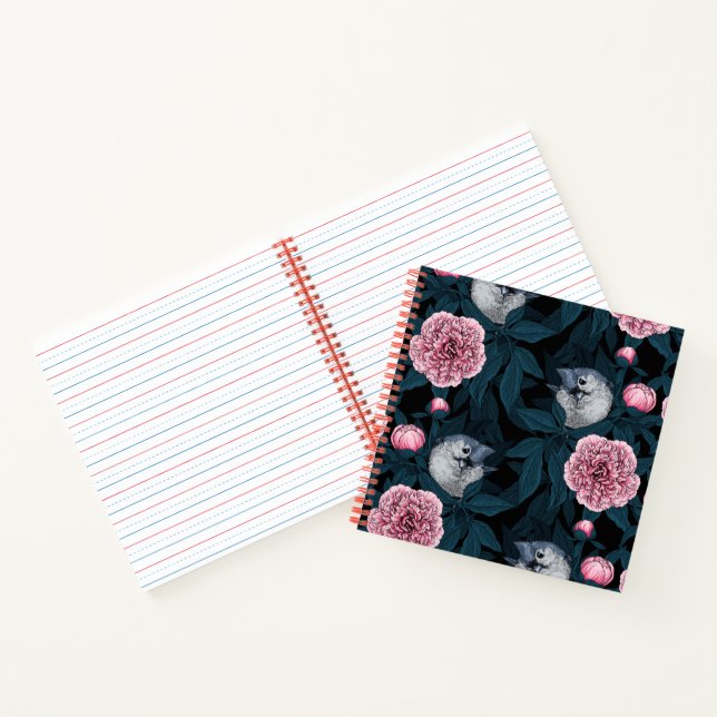 Cuaderno Aves y flores de peón rosadas con hojas (Interior)