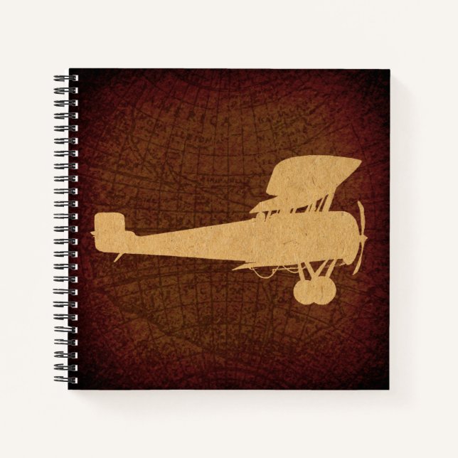 Cuaderno Avión antiguo Silhouette Plano y Mapa Marrón Arte (Anverso)
