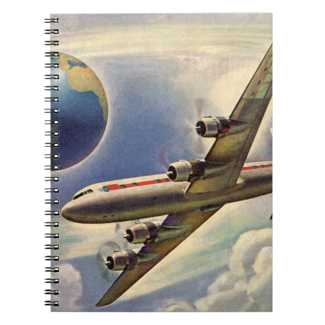 Cuaderno Avión de época volando por el mundo en nubes (Frente)