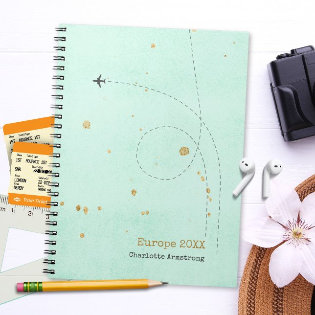 Cuaderno Avión Verde azulado ligero Viaje de oro (Light Teal Airplane Your Name Gold Travel Notebook ©Susanne Sachers - Sunny Wanderlust 🌞✈️)