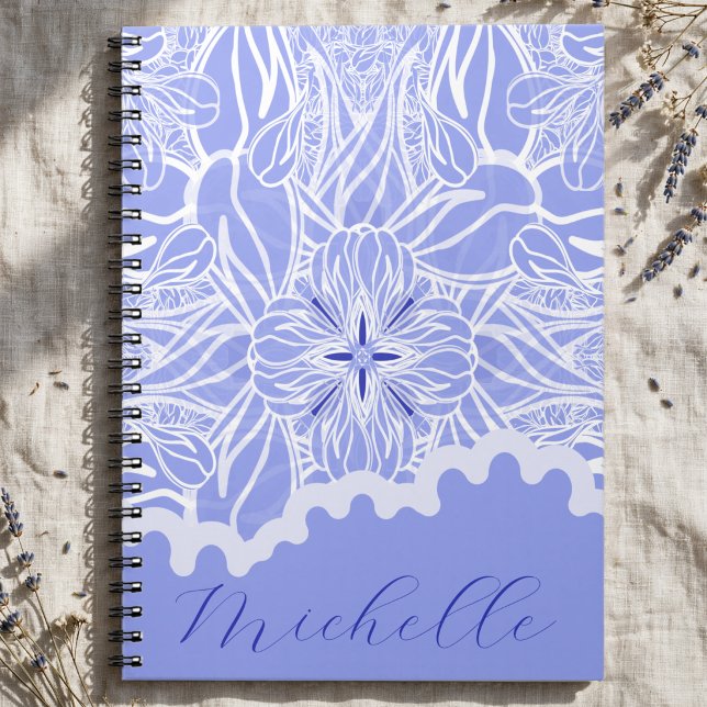 Cuaderno Azul Bebé Y Blanco Floral Dibujado A Mano (Blue flower leaf cream notebook. Michelle name area you can customize. Stylish & personal.)