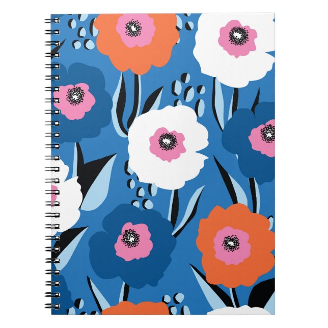 Cuaderno Azul Blanco Rojo: Escandinavo Floral. (Frente)