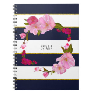 Cuaderno Azul Blanco y Dorado Moderno Floral Chic Glam