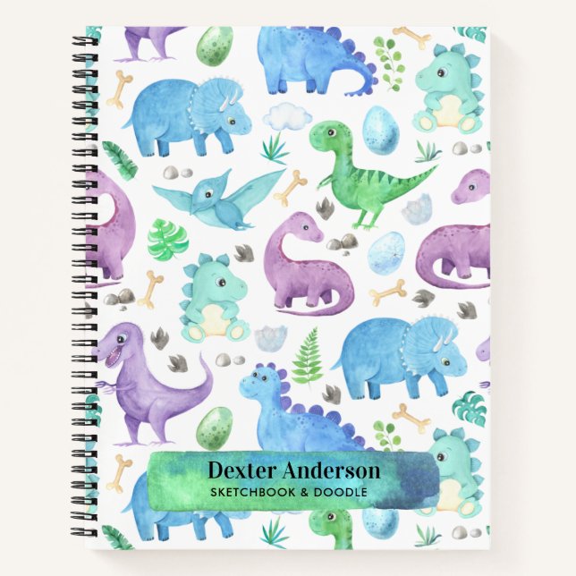 Cuaderno Azul Botánico Dino Dinosaurio Nombre Personalizado (Anverso)